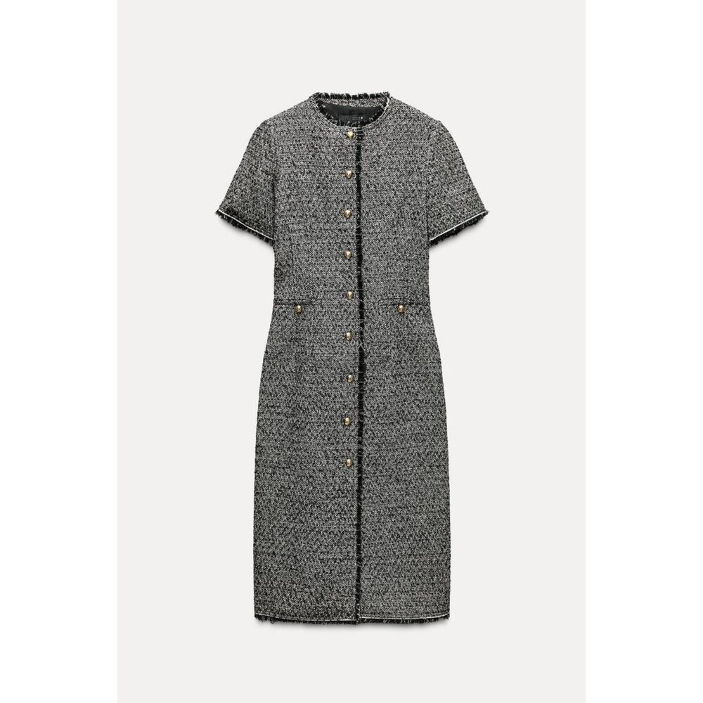 Black White Zara Tweed-Like Gold Button Front Short Sleeve Midi Dress (NWT)